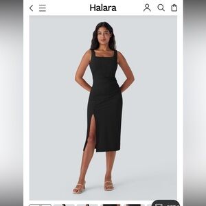 HALARA Black Square-Neck Midi Dress with Side Slit